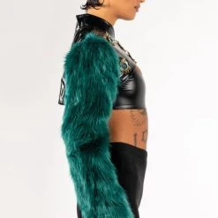 EYE OF THE BEHOLDER FAUX FUR LONG SLEEVE CROP TOP -helmut shop eye of the beholder faux fur long sleeve crop top green multi 5 5