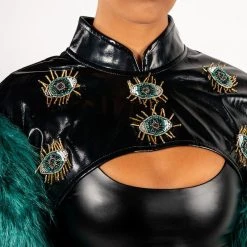 EYE OF THE BEHOLDER FAUX FUR LONG SLEEVE CROP TOP -helmut shop eye of the beholder faux fur long sleeve crop top green multi 7 7