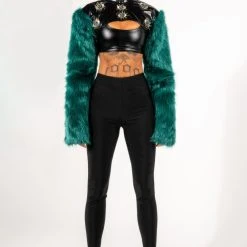 EYE OF THE BEHOLDER FAUX FUR LONG SLEEVE CROP TOP -helmut shop eye of the beholder faux fur long sleeve crop top green multi 8 8