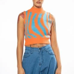 EYE OF THE TIGER SLEEVELESS SWEATER -helmut shop eye of the tiger sleeveless sweater orange multi 5 5