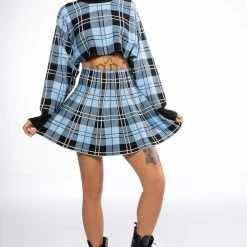 FALL VIBES ONLY PLAID KNIT TOP -helmut shop fall vibes only plaid knit top blue multi 4 4