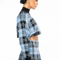 FALL VIBES ONLY PLAID KNIT TOP -helmut shop fall vibes only plaid knit top blue multi 6 6