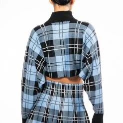 FALL VIBES ONLY PLAID KNIT TOP -helmut shop fall vibes only plaid knit top blue multi 7 7