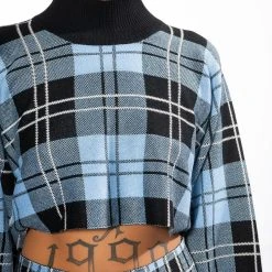 FALL VIBES ONLY PLAID KNIT TOP -helmut shop fall vibes only plaid knit top blue multi 8 8