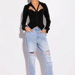 FAN BEHAVIOR CUTOUT LONG SLEEVE CORSET BLOUSE -helmut shop fan behavior cutout long sleeve corset blouse black 2 2