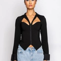 FAN BEHAVIOR CUTOUT LONG SLEEVE CORSET BLOUSE -helmut shop fan behavior cutout long sleeve corset blouse black 3 3