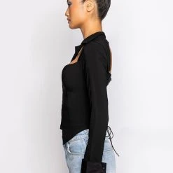 FAN BEHAVIOR CUTOUT LONG SLEEVE CORSET BLOUSE -helmut shop fan behavior cutout long sleeve corset blouse black 4 4