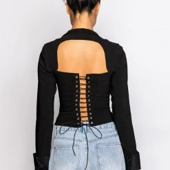 FAN BEHAVIOR CUTOUT LONG SLEEVE CORSET BLOUSE -helmut shop fan behavior cutout long sleeve corset blouse black 5 5