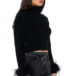 FANCY HUH FEATHER CUFF MOCK NECK SWEATER -helmut shop fancy huh feather cuff mock neck sweater black 2 2