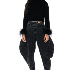 FANCY HUH FEATHER CUFF MOCK NECK SWEATER -helmut shop fancy huh feather cuff mock neck sweater black 3 3