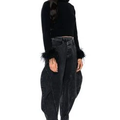 FANCY HUH FEATHER CUFF MOCK NECK SWEATER -helmut shop fancy huh feather cuff mock neck sweater black 4 4