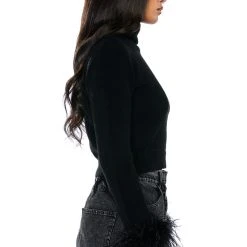 FANCY HUH FEATHER CUFF MOCK NECK SWEATER -helmut shop fancy huh feather cuff mock neck sweater black 5 5