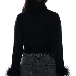 FANCY HUH FEATHER CUFF MOCK NECK SWEATER -helmut shop fancy huh feather cuff mock neck sweater black 6 6