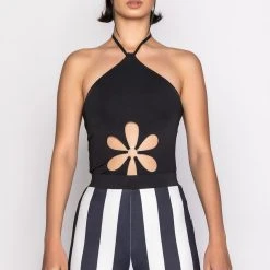 FAR OUT FLORAL CUT OUT HALTER BODYSUIT 10 FAR OUT FLORAL CUT OUT HALTER BODYSUIT -helmut shop far out floral cut out halter bodysuit black 3 3