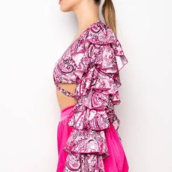 FEELING GROOVY TIE FRONT RUFFLE SLEEVE BLOUSE -helmut shop feeling groovy tie front ruffle sleeve blouse pink multi 5 5