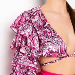 FEELING GROOVY TIE FRONT RUFFLE SLEEVE BLOUSE -helmut shop feeling groovy tie front ruffle sleeve blouse pink multi 7 7
