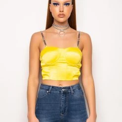 FEELING SPICY RHINESTONE CHAIN SATIN BUSTIER -helmut shop feeling spicy rhinestone chain satin bustier yellow 11 11