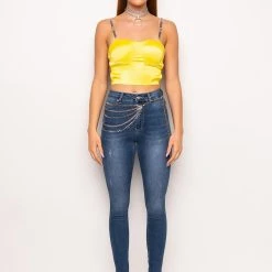 FEELING SPICY RHINESTONE CHAIN SATIN BUSTIER -helmut shop feeling spicy rhinestone chain satin bustier yellow 15 15