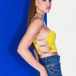FEELING SPICY RHINESTONE CHAIN SATIN BUSTIER -helmut shop feeling spicy rhinestone chain satin bustier yellow 4 4