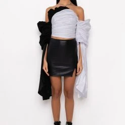 FIRST IMPRESSION CASCADING SLEEVES OFF THE SHOULDER BLOUSE -helmut shop first impression cascading sleeves off the shoulder blouse black white 8 8