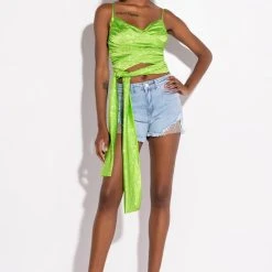 FIVE O'CLOCK SOMEWHERE SLEEVELESS RHINESTONE SATIN BLOUSE -helmut shop five oclock somewhere sleeveless rhinestone satin blouse green 2 2 c1