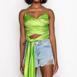 FIVE O'CLOCK SOMEWHERE SLEEVELESS RHINESTONE SATIN BLOUSE -helmut shop five oclock somewhere sleeveless rhinestone satin blouse green 3 3 c1