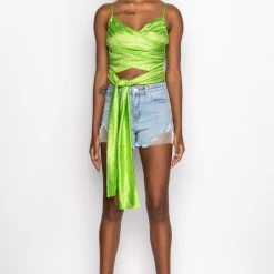 FIVE O'CLOCK SOMEWHERE SLEEVELESS RHINESTONE SATIN BLOUSE -helmut shop five oclock somewhere sleeveless rhinestone satin blouse green 7 7 c1