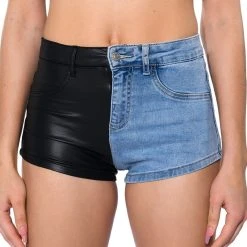 FLEX FIT EXTREME STRETCH FAUX LEATHER AND DENIM SHORTS -helmut shop flex fit extreme stretch faux leather and denim shorts black denim 10 10 c1