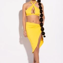 FLY GAL CUTOUT HALTER CROP TOP -helmut shop fly gal cutout halter crop top yellow 2 2