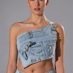 FOR REAL BUCKLE DETAIL DENIM CROP TOP -helmut shop for real buckle detail denim crop top light blue 1 1 c1