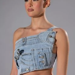 FOR REAL BUCKLE DETAIL DENIM CROP TOP -helmut shop for real buckle detail denim crop top light blue 2 2 c1