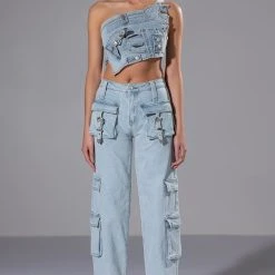 FOR REAL BUCKLE DETAIL DENIM CROP TOP -helmut shop for real buckle detail denim crop top light blue 3 3 c1