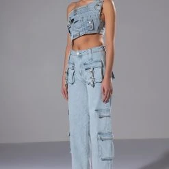 FOR REAL BUCKLE DETAIL DENIM CROP TOP -helmut shop for real buckle detail denim crop top light blue 4 4 c1