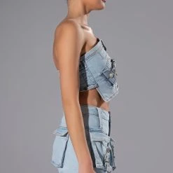 FOR REAL BUCKLE DETAIL DENIM CROP TOP -helmut shop for real buckle detail denim crop top light blue 6 6