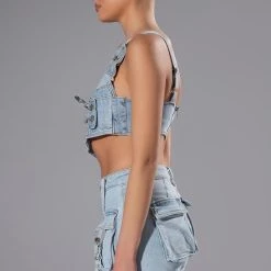 FOR REAL BUCKLE DETAIL DENIM CROP TOP -helmut shop for real buckle detail denim crop top light blue 7 7