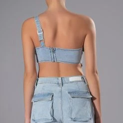 FOR REAL BUCKLE DETAIL DENIM CROP TOP -helmut shop for real buckle detail denim crop top light blue 8 8