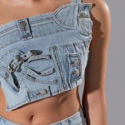 FOR REAL BUCKLE DETAIL DENIM CROP TOP -helmut shop for real buckle detail denim crop top light blue 9 9