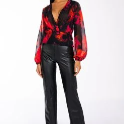 FOR THE THRILL OF IT LONG SLEEVE V NECK BLOUSE -helmut shop for the thrill of it long sleeve v neck blouse red multi 2 2