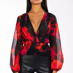 FOR THE THRILL OF IT LONG SLEEVE V NECK BLOUSE -helmut shop for the thrill of it long sleeve v neck blouse red multi 3 3