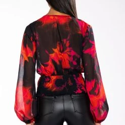 FOR THE THRILL OF IT LONG SLEEVE V NECK BLOUSE -helmut shop for the thrill of it long sleeve v neck blouse red multi 5 5