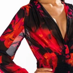 FOR THE THRILL OF IT LONG SLEEVE V NECK BLOUSE -helmut shop for the thrill of it long sleeve v neck blouse red multi 6 6