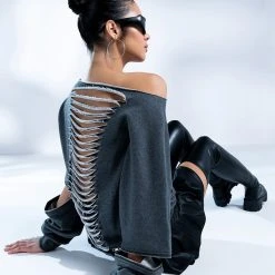 SPOTLIGHT SHREDDED ZIP SLEEVE SWEATSHIRT -helmut shop forever favorite shredded detail sweatshirt grey 2 2