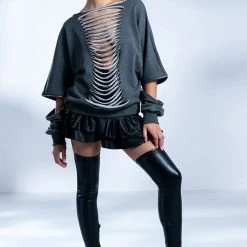 SPOTLIGHT SHREDDED ZIP SLEEVE SWEATSHIRT -helmut shop forever favorite shredded detail sweatshirt grey 3 3