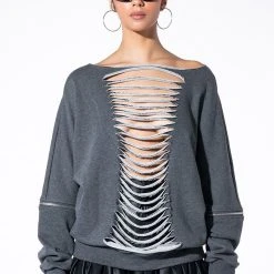 SPOTLIGHT SHREDDED ZIP SLEEVE SWEATSHIRT -helmut shop forever favorite shredded detail sweatshirt grey 4 4
