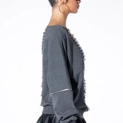 SPOTLIGHT SHREDDED ZIP SLEEVE SWEATSHIRT -helmut shop forever favorite shredded detail sweatshirt grey 5 5