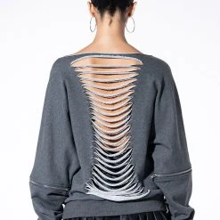 SPOTLIGHT SHREDDED ZIP SLEEVE SWEATSHIRT -helmut shop forever favorite shredded detail sweatshirt grey 6 6