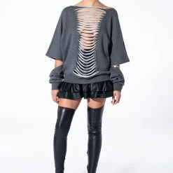 SPOTLIGHT SHREDDED ZIP SLEEVE SWEATSHIRT -helmut shop forever favorite shredded detail sweatshirt grey 8 8