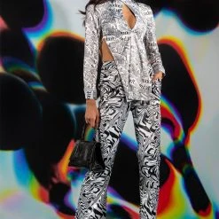 FRONT PAGE NEWS OPEN BACK LONG SLEEVE MOCK NECK SATIN BLOUSE -helmut shop front page news open back long sleeve mock neck satin blouse black white 2 2