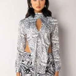 FRONT PAGE NEWS OPEN BACK LONG SLEEVE MOCK NECK SATIN BLOUSE -helmut shop front page news open back long sleeve mock neck satin blouse black white 6 6