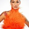GENUINE OSTRICH FEATHER SLEEVELESS CROPPED HALTER BLOUSE IN ORANGE -helmut shop genuine ostrich feather sleeveless cropped halter blouse in orange orange 1 1